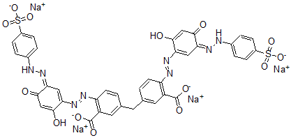 CAS 登录号：102616-51-3， 四钠5-[[3-羧基-4-[[(3Z)-6-羟基-4-氧代-3-[(4-磺酸苯基)亚肼基]-1-环己-1,5-二烯基]偶氮]苯基]甲基]-2-[[(3Z)-6-羟基-4-氧代-3-[(4-磺酸苯基)亚肼基]-1-环己-1,5-二烯基]偶氮]苯甲酸酯