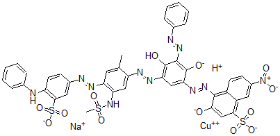 CAS#: 104199-51-1, (4-((2,4-Dihydroxy-5-((2-Methyl-5-((Methylsulfonyl)Amino)-4-((4-(Phenylamino)-3-Sulfophenyl)Azo)Phenyl)Azo)-3-(Phenylazo)Phenyl)Azo)-3-Hydroxy-7-Nitro-1-Naphthalenesulfonato(4-))-Ferrate(2-) Sodium Hydrogen