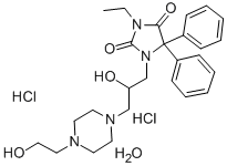 CAS 登录号：110465-03-7， 3-乙基-1-[2-羟基-3-[4-(2-羟基乙基)哌嗪-1-基]丙基]-5,5-二苯基咪唑烷-2,4-二酮二盐酸盐