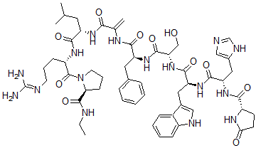 CAS 登录号：114681-52-6， (2S)-N-[(2S)-1-[[(2S)-1-[[(2S)-1-[[(2S)-1-[[3-[[(2S)-1-[[(2S)-5-(二氨基亚甲基氨基)-1-[(2S)-2-(乙基氨基甲酰)吡咯烷-1-基]-1-氧代戊烷-2-基]氨基]-4-甲基-1-氧代戊烷-2-基]氨基]-3-氧代丙-1-烯-2-基]氨基]-1-氧代-3-苯基丙烷-2-基]氨基]-3-羟基-1-氧代丙烷-2-基]氨基]-3-(1H-吲哚-3-基)-1-氧代丙烷-2-基]氨基]-3-(3H-咪唑-4-基)-1-氧代丙烷-2-基]-5-氧代吡咯烷-2-甲酰胺