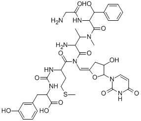 CAS 登录号：114797-06-7， 2-[[[(6S)-2,6-二氨基-3-[[(2S)-2-[(2-氨基乙酰基)氨基]-3-(3-羟基苯基)丙酰]-甲基氨基]-8-甲硫基-5-氧代辛酰]-[(E)-[5-(2,4-二氧代嘧啶-1-基)-4-羟基四氢呋喃-2-亚基]甲基]氨基甲酰]氨基]-3-(3-羟基苯基)丙酸