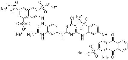 CAS#: 12225-77-3, 7-[2-[2-[(Aminocarbonyl)Amino]-4-[[4-[[5-[(4-Amino-9,10-Dihydro-9,10-Dioxo-3-Sulfo-1-Anthracenyl)Amino]-2-Sulfophenyl]Amino]-6-Chloro-1,3,5-Triazin-2-Yl]Amino]Phenyl]Diazenyl]-1,3,6-Naphthalenetrisulfonicacid Sodium Salt (1:5)