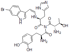 CAS 登录号：122548-04-3， (2S,3R)-2-氨基-N-[(2S)-2-氨基-3-(3,4-二羟基苯基)丙酰]-N-[(2S)-2-[[(Z)-2-(6-溴-1H-吲哚-3-基)乙烯基]氨基]-3-(3H-咪唑-4-基)丙酰]-3-羟基-丁酰胺
