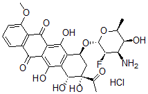 CAS 登录号：124264-70-6， 7-O-(3-氨基-2,3,6-三脱氧-2-氟塔罗吡喃糖基)柔红霉酮盐酸盐