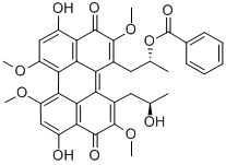 CAS 登录号：124824-06-2， 1-[3,10-二羟基-12-(2-羟基丙基)-2,6,7,11-四甲氧基-4,9-二氧代二萘嵌苯-1-基]丙-2-基苯甲酸酯