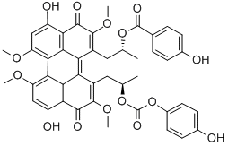 CAS 登录号：124857-59-6， 1-[3,10-二羟基-12-[2-(4-羟基苯甲酰基)氧基丙基]-2,6,7,11-四甲氧基-4,9-二氧代二萘嵌苯-1-基]丙-2-基4-羟基苯甲酸酯