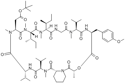 CAS 登录号：129893-84-1， 叔丁基2-[(3R,6S,9S,15S,18S,21S,24S,27S,30S)-15,18-二[(2S)-丁烷-2-基]-6-[(4-甲氧基苯基)甲基]-3,10,16,19,22,28-六甲基-2,5,8,11,14,17,20,23,26,29-十氧代-9,24,27-三(丙-2-基)-4-氧杂-1,7,10,13,16,19,22,25,28-九氮杂双环[28.4.0]三十四烷-21-基]乙酸酯