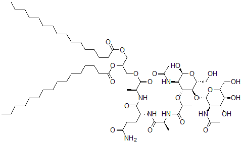CAS 登录号：130114-83-9， N-乙酰基胞壁酰-丙氨酰-异谷氨酰胺酰-丙氨酰-甘油二棕榈酰-N-乙酰基葡萄糖胺