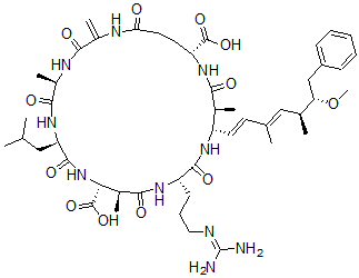 CAS#: 134842-07-2, (5R,8R,11R,12S,15S,18S,19S,22R)-15-[3-(Diaminomethylideneamino)Propyl]-18-[(1E,3E,5S,6S)-6-Methoxy-3,5-Dimethyl-7-Phenylhepta-1,3-Dienyl]-5,12,19-Trimethyl-2-Methylidene-8-(2-Methylpropyl)-3,6,9,13,16,20,25-Heptaoxo-1,4,7,10,14,17,21-Heptazacyclopentacosane-11,22-Dicarboxylic Acid