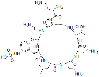 CAS 登录号：142563-39-1， (2S)-2,4-二氨基-N-[(3S,6S,9S,12S,15R,18S,21S)-6,9,18-三(2-氨基乙基)-15-苄基-3-(1-羟基乙基)-12-(2-甲基丙基)-2,5,8,11,14,17,20-七氧代-1,4,7,10,13,16,19-七氧杂环二十三烷-21-基]丁酰胺硫酸盐