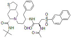 CAS 登录号：173967-60-7， (3aR,6S,7aS)-5-[(2R,3S)-3-[[(2S)-2-乙酰氨基-3-萘-2-基磺酰基丙烷酰基]氨基]-2-羟基-4-苯基丁基]-N-叔丁基-3,3a,4,6,7,7a-六氢-2H-噻吩并[2,3-d]吡啶-6-甲酰胺
