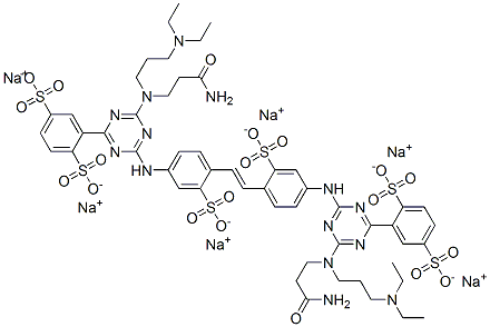 CAS 登录号：53499-88-0， 2,2'-[1,2-乙烯二基二[(3-磺基-4,1-亚苯基)亚氨基[6-[(3-氨基-3-氧代丙基)[3-(二乙基氨基)丙基]氨基]-1,3,5-三嗪-4,2-二基]]]二[1,4-苯二磺酸]六钠盐