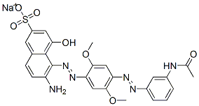CAS 登录号：66236-90-6， 5-[[4-[(3-乙酰氨基苯基)偶氮]-2,5-二甲氧基苯基]偶氮]-6-氨基-4-羟基萘-2-磺酸钠