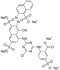 CAS 登录号：69723-90-6， 2-[[4-氯-6-[[8-羟基-3,6-二磺酸基-7-[(1-磺酸基-2-萘基)偶氮]-1-萘基]氨基]-1,3,5-三嗪-2-基]氨基]-5-磺酸基苯甲酸五钠