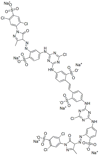 CAS 登录号：70224-83-8， 六钠4,4'-二[[4-氯-6-[[3-[[1-(2,5-二氯-4-磺酸基苯基)-4,5-二氢-3-甲基-5-氧代-1H-吡唑-4-基]偶氮]-4-磺酸基苯基]氨基]-1,3,5-三嗪-2-基]氨基]二苯乙烯-2,2'-二磺酸盐