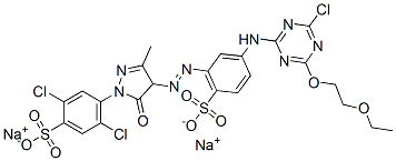 CAS 登录号：72214-19-8， 2,5-二氯-4-[4-[[3-[[4-氯-6-(2-乙氧基乙氧基)-1,3,5-三嗪-2-基]氨基]-6-磺酸基苯基]偶氮]-4,5-二氢-3-甲基-5-氧代-1H-吡唑-1-基]苯磺酸二钠