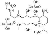 CAS 登录号：73245-91-7， 4-氨基-1,4-二脱氧-3-O-(2,6-二氨基-2,3,4,6,7-五脱氧-beta-L-来苏-吡喃庚糖基)-6-O-甲基-1-(2-(亚氨代甲基氨基)-N -甲基乙酰氨基)-L-手性-肌醇硫酸盐 (1:2) 水合物