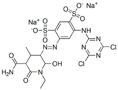 CAS 登录号：73398-40-0， 4-[[5-(氨基羰基)-1-乙基-2-羟基-4-甲基-6-氧代哌啶-3-基]偶氮]-6-[(4,6-二氯-1,3,5-三嗪-2-基)氨基]苯-1,3-二磺酸二钠
