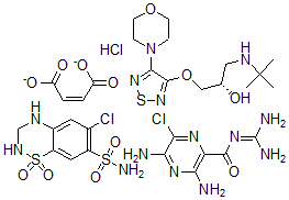 CAS#: 73788-01-9, (Z)-But-2-Enedioate; (2S)-1-(Tert-Butylamino)-3-[(4-Morpholin-4-Yl-1,2,5-Thiadiazol-3-Yl)Oxy]Propan-2-Ol; 6-Chloro-1,1-Dioxo-3,4-Dihydro-2H-Benzo[e][1,2,4]Thiadiazine-7-Sulfonamide; 3,5-Diamino-6-Chloro-N-(Diaminomethylidene)Pyrazine-2-Carboxamide; Hydrochloride