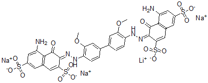 CAS 登录号：75659-72-2， 3,3'-[(3,3'-二甲氧基[1,1'-联苯]-4,4'-二基)二(偶氮)]二[5-氨基-4-羟基-2,7-萘二磺酸单锂三钠盐