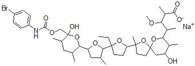 CAS#: 75761-64-7, Sodium 4-[2-[5-[5-[6-[(4-Bromophenyl)Carbamoyloxymethyl]-6-Hydroxy-3,5-Dimethyloxan-2-Yl]-3-Methyloxolan-2-Yl]-5-Ethyloxolan-2-Yl]-9-Hydroxy-2,8-Dimethyl-1,6-Dioxaspiro[4.5]Decan-7-Yl]-3-Methoxy-2-Methylpentanoate