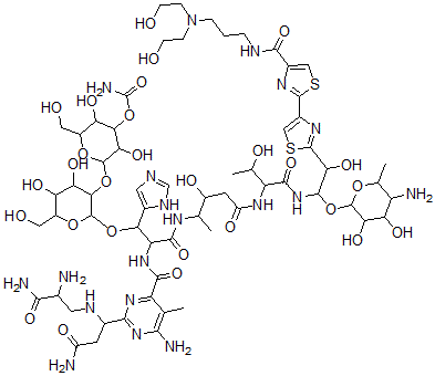 CAS#: 77368-79-7, [2-[2-[2-[[6-Amino-2-[3-Amino-1-[(2,3-Diamino-3-Oxopropyl)Amino]-3-Oxopropyl]-5-Methylpyrimidine-4-Carbonyl]Amino]-3-[[5-[[1-[[1-(5-Amino-3,4-Dihydroxy-6-Methyloxan-2-Yl)Oxy-2-[4-[4-[3-(Bis(2-Hydroxyethyl)Amino)Propylcarbamoyl]-1,3-Thiazol-2-Yl]-1,3-Thiazol-2-Yl]-2-Hydroxyethyl]Amino]-3-Hydroxy-1-Oxobutan-2-Yl]Amino]-3-Hydroxy-5-Oxopentan-2-Yl]Amino]-1-(3H-Imidazol-4-Yl)-3-Oxopropoxy]-4,5-Dihydroxy-6-(Hydroxymethyl)Oxan-3-Yl]Oxy-3,5-Dihydroxy-6-(Hydroxymethyl)Oxan-4-Yl] Carbamate
