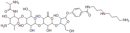 CAS#: 78213-55-5, 4-[4-[4-[5-[5-Amino-3-(2-Aminopropanoylamino)-4-Hydroxy-6-Methyloxan-2-Yl]Oxy-3,4-Dihydroxy-6-(Hydroxymethyl)Oxan-2-Yl]Oxy-3,5-Dihydroxy-6-Methylideneoxan-2-Yl]Oxy-3-Hydroxy-5-(Hydroxymethyl)Oxolan-2-Yl]Oxy-N-[3-(4-Aminobutylamino)Propyl]Benzamide
