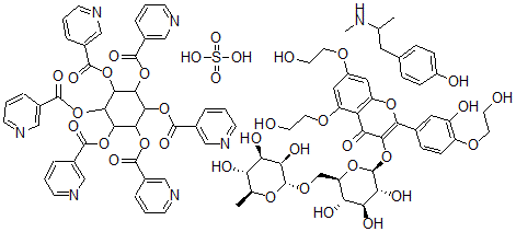 CAS#: 78920-51-1, myo-Inositol, hexa-3-pyridinecarboxylate, mixt. with 3-((6-O-(6-deoxy-alpha-L-mannopyranosyl)-beta-D-glucopyranosyl)oxy)-2-(3,4-dihydroxyphenyl)-5,7-dihydroxy-4H-1-benzopyran-4-one tris(2-hydroxyethyl) ether and 4-(2-(methylamino)propyl)phenol sulfate (1:1) (salt)