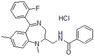 CAS 登录号：83736-81-6， N-[[6-(2-氟苯基)-2,9-二甲基-2,5-二氮杂双环[5.4.0]十一碳-5,8,10,12-四烯-3-基]甲基]苯甲酰胺盐酸盐