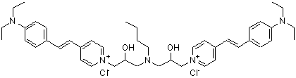 CAS#: 85030-34-8, 1,1'-[(Butylimino)bis(2-hydroxy-3,1-propanediyl)]bis(4-{(E)-2-[4-(diethylamino)phenyl]vinyl}pyridinium) dichloride