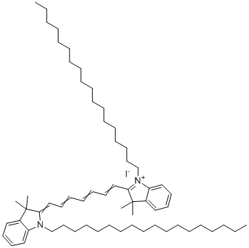 CAS # 100068-60-8, Cy7 DiC18, diIC18(7) dye, DiR, 2-[7-(3,3-dimethyl-1-octadecylindol-1-ium-2-yl)hepta-2,4,6-trienylidene]-3,3-dimethyl-1-octadecylindole iodide
