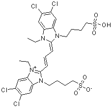 CAS # 10049-96-4, 5,6-Dichloro-2-[3-[5,6-dichloro-1-ethyl-3-(4-sulfobutyl)-2-benzimidazolinylidene]propenyl]-3-ethyl-1-(4-sulfobutyl)benzimidazolium hydroxide inner salt, Anhydro-5,5',6,6'-tetrachloro-1,1'-diethyl-3,3'-disulfobutylbenzimidazolocarbocyanine