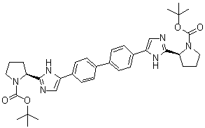 CAS # 1007882-23-6, (2S,2'S)-2,2'-([1,1'-Biphenyl]-4,4'-diyldi-1H-imidazole-5,2-diyl)bis-1-pyrrolidinecarboxylic acid 1,1'-bis(1,1-dimethylethyl) ester