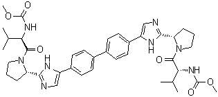 CAS # 1009107-27-0, N,N'-[[1,1'-Biphenyl]-4,4'-diylbis[1H-imidazole-5,2-diyl-(2S)-2,1-pyrrolidinediyl[(1R)-1-(1-methylethyl)-2-oxo-2,1-ethanediyl]]]biscarbamic acid C,C'-dimethyl ester