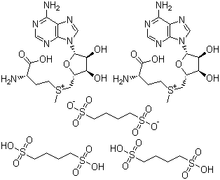 CAS # 101020-79-5, Ademetionine 1,4-butanedisulfonate, S-Adenosylmethionine 1,4-butanedisulfonate, (3S)-5'-[(3-Amino-3-carboxypropyl)methylsulfonio]-5'-deoxy-adenosine 1,4-butanedisulfonate 1,4-butanedisulfonate (2:1:2)