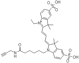 structure of CAS# 1010386-62-5, 2-[3-[1,3-二氢-3,3-二甲基-1-[6-氧代-6-(2-丙炔-1-基氨基)己基]-5-磺基-2H-吲哚-2-亚基]-1-丙烯-1-基]-1-乙基-3,3-二甲基-5-磺基-3H-吲哚鎓