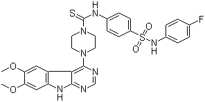 CAS # 1023310-86-2, 4-(6,7-Dimethoxy-9H-pyrimido[4,5-b]indol-4-yl)-N-[4-[[(4-fluorophenyl)amino]sulfonyl]phenyl]-1-piperazinecarbothioamide