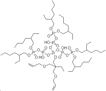 CAS # 103455-10-3, Zirconate Coupler Ken-React Nz 38, [P,P-Bis(2-ethylhexyl) diphosphato(2-)-kappaO'']bis[P,P-bis(2-ethylhexyl) diphosphato(2-)-kappaO'',kappaO''''][2,2-bis[(2-propen-1-yloxy)methyl]-1-butanolato-kappaO]zirconate(3-) hydrogen