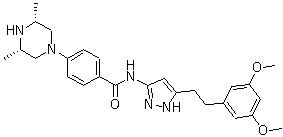 CAS # 1035270-39-3, rel-N-[5-[2-(3,5-Dimethoxyphenyl)ethyl]-1H-pyrazol-3-yl]-4-[(3R,5S)-3,5-dimethyl-1-piperazinyl]benzamide