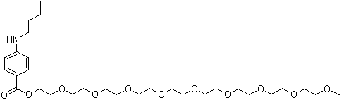 CAS # 104-31-4, Benzonatate, 2-[2-[2-[2-[2-[2-[2-[2-(2-methoxyethoxy)ethoxy]ethoxy]ethoxy]ethoxy]ethoxy]ethoxy]ethoxy]ethyl-4-butylaminobenzoate