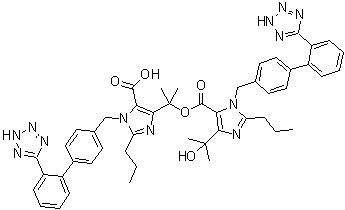 CAS # 1040250-19-8, Olmesartan Dimer Ester Impurity, 4-(1-Hydroxy-1-methylethyl)-2-propyl-1-[[2'-(2H-tetrazol-5-yl)[1,1'-biphenyl]-4-yl]methyl]-1H-imidazole-5-carboxylic acid 1-[5-carboxy-2-propyl-1-[[2'-(2H-tetrazol-5-yl)[1,1'-biphenyl]-4-yl]methyl]-1H-imidazol-4-yl]-1-methylethyl ester