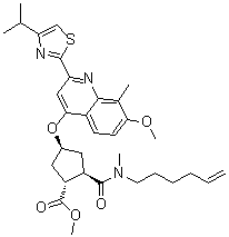 CAS 登录号：1042695-87-3, (1R,2R,4S)-2-[(5-己烯-1-基甲基氨基)羰基]-4-[[7-甲氧基-8-甲基-2-[4-异丙基-2-噻唑基]-4-喹啉基]氧基]环戊烷羧酸甲酯