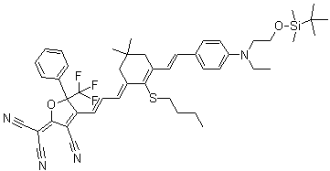 CAS # 1048688-63-6, 2-[4-[(1E,3E)-3-[2-(Butylthio)-3-[(1E)-2-[4-[[2-[[(1,1-dimethylethyl)dimethylsilyl]oxy]ethyl]ethylamino]phenyl]ethenyl]-5,5-dimethyl-2-cyclohexen-1-ylidene]-1-propen-1-yl]-3-cyano-5-phenyl-5-(trifluoromethyl)-2(5H)-furanylidene]-propanedinitrile
