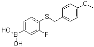 structure of CAS# 1072946-13-4, [3-Fluoro-4-[[(4-methoxyphenyl)methyl]thio]phenyl]boronic acid