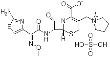CAS # 107648-78-2, Cefepime sulfate, (6R,7R)-7-[[(2E)-2-(2-Amino-1,3-thiazol-4-yl)-2-methoxyiminoacetyl]amino]-3-[(1-methylpyrrolidin-1-ium-1-yl)methyl]-8-oxo-5-thia-1-azabicyclo[4.2.0]oct-2-ene-2-carboxylic acid sulfate