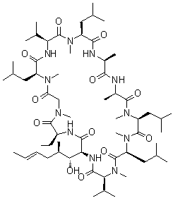 CAS # 108027-39-0, Cyclosporin L, Cyclo[L-alanyl-D-alanyl-N-methyl-L-leucyl-N-methyl-L-leucyl-N-methyl-L-valyl-(3R,4R,6E)-6,7-didehydro-3-hydroxy-4-methyl-L-2-aminooctanoyl-L-2-aminobutanoyl-N-methylglycyl-N-methyl-L-leucyl-L-valyl-N-methyl-L-leucyl], 6-[(2S,3R,4R,6E)-2-Amino-3-hydroxy-4-methyl-6-octenoic acid]cyclosporin A