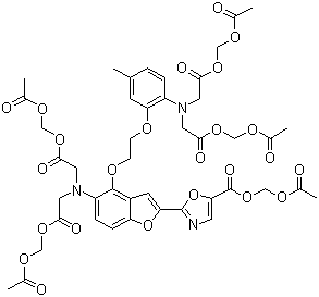 CAS # 108964-32-5, Fura 2-AM, Fura-2 pentakis(acetoxymethyl) ester, 2-(6-(Bis(2-((acetyloxy)methoxy)-2-oxoethyl)amino)-5-(2-(2-(bis(2-((acetylxoy)methoxy)-2-oxoethyl)amino)-5-methylphenoxy)ethoxy)-2-benzofuranyl)-5-oxazolecarboxylic acid (acetyloxy)methyl ester