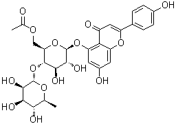 CAS # 109232-77-1, Camellianin A, 5-[[6-O-Acetyl-4-O-(6-deoxy-alpha-L-mannopyranosyl)-beta-D-glucopyranosyl]oxy]-7-hydroxy-2-(4-hydroxyphenyl)-4H-1-benzopyran-4-one