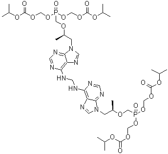 CAS # 1093279-76-5, 5-[[(1R)-2-[6-[[[[9-[(2R)-2,11-Dimethyl-5-[[[(1-methylethoxy)carbonyl]oxy]methoxy]-5-oxido-9-oxo-3,6,8,10-tetraoxa-5-phosphadodec-1-yl]-9H-purin-6-yl]amino]methyl]amino]-9H-purin-9-yl]-1-methylethoxy]methyl]-2,4,6,8-tetraoxa-5-phosphanonanedioic acid 1,9-bis(1-methylethyl) ester 5-oxide