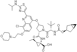 CAS # 1098189-15-1 (1310824-24-8), Vedroprevir, (1R,2R)-N-[[(1alpha,3beta,5alpha)-Bicyclo[3.1.0]hex-3-yloxy]carbonyl]-3-methyl-L-valyl-(4R)-4-[[8-chloro-2-[2-[(1-methylethyl)amino]-4-thiazolyl]-7-[2-(4-morpholinyl)ethoxy]-4-quinolinyl]oxy]-L-prolyl-1-amino-2-ethyl-cyclopropanecarboxylic acid, GS 9451